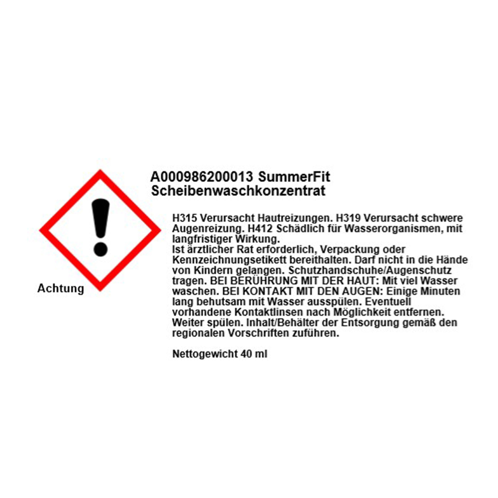 Mercedes-Benz Scheibenreiniger Konzentrat SummerFit 40 ml MA000986200013 Mercedes-Benz Scheibenreiniger Konzentrat SummerFit 40 ml MA000986200013